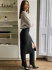 Vrouwen faux lederen spleet potlood kantoor rok herfst lente streetwear hoge taille zwart bruin sexy bodycon midi rokken 220317