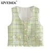 KPYTOMOA Kvinnor Sweet Fashion Frayed Tassel Tweed Plaid WaistCoat Vintage V Neck ärmlös kvinnlig väst Ytterkläder Chic Tops 201031