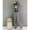 Zweiteilige Damen-Hosen, Runway-Herbst-Winter-koreanische Strickjacke, Streifen-Tops, Pullover + elegantes Set mit weitem Bein und hoher Taille