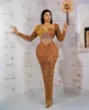 2022 Plus Size Arabic Aso Ebi Gold Sparkly Sheath Prom Dresses Beaded Sheer Neck Evening Formal Party Second Reception Birthday Engagement Gowns Dress ZJ477