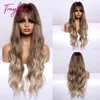 LANA TINE LANA LUNG BODY WAVE HAIR BROWN إلى BLONDE OMBRE شعر مستعار مع الانفجارات للنساء COSPLAY COSPLAY HAID مقاوم للحرارة