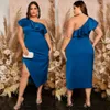 Royal Blue Plus Size Prom Dresses For Special Occasion Sheath One Shoulder Neck Evening Gowns Side Split Ruffled Tea Length Satin Maid of Bride Dress