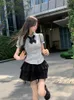 Women's Blouses & Shirts Hmsevenjz Gray Shirt Collar Short-sleeved Blouse Black Skirt 2 Piece Set Women Summer Skirts Sets Outfit StudentWom