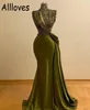 Klassische olivgrüne Meerjungfrau-Abschlussballkleider, Stehkragen, glitzernde Pailletten, aushöhlen, elegante Satin-Formelle Abendkleider, Arabisch, Aso Ebi, Plus Size Robe de Soiree, CL0418