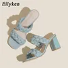 Eilyken verano tejido mujer zapatillas diapositivas punta abierta tacones bajos zapatos sandalia mujer ocio playa verde blanco chanclas