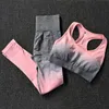 Yoga Outfit Seamless Gradient Colors Women Set Long Sleeve Crop Top Gym Bra Fitness Leggings Workout Sports Suit Running Joggings PantsYoga