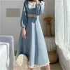 Robe à manches longues femmes Vintage automne belle BF Empire dames une ligne robes bleu vacances doux dentelle Patchwork bouffée 220521