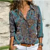 S 5XL Kadınlar Bluz Retro Renkli Baskı Düğmeler Gömlek Sonbahar Uzun Kollu Turn-down Yaka Bayanlar Üst Streetwear Rahat Blusa 220402