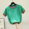 2023 Nya koreanska korta ärmkvinntröjor Summer 2022 Elegant O Neck Beading Flower Sticked Topps Female Pullover Jumper Clothes