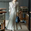 Kuzuwata日本の秋の女性ローブスイート気質Vestidos vネックパフスリーブプリントハイウエストドローストリングドレス220516