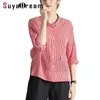 Dames Blouses Shirts Dames Stripe Blouse 100% Real Silk Crepe Printed Half Mouwen Shirt voor 2022 Gestreepte Rode Top