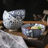 4 pçs / set retro bacia de cerâmica de cerâmica bacia de macarrão de arroz creativo azul e branco porcelana sopa tigela underglaze tableware conjunto 220408