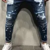 Men Painted Stretch Skinny Jeans Slim Fit Ripped Distressed Pleated Knee Patch Denim Pants Brand casual trousers for men 220408