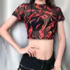 T-shirt Femme Sexy Summer Femmes Manches courtes Col rond Sheer Mesh Voir à travers Transparent Angel Flame Imprimer Crop Top % 8 Phyl22