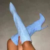 타월 패브릭 여성을위한 높은 튜브 부츠 2022 겨울 봄 단색 직조 패턴 포인트 발가락 무릎 위의 얇은 발 뒤꿈치 220711