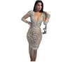 2022 Kvinnor Prom Dresses Sexiga paljetter Glitter V-ringning Mini Solid Bodycon Dresses Lagen Long Sleeve Party Club Dress Clothes Clothes