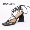 Fashion Solid Square Open Toe Summer Sandals PU Ankle Cross-Tied Mid Heel Women Shoes Concise 35-42 Zapatos Mujer 220516