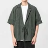 Summer Men, linho de algodão Harajuku camisas 2022 Summer masculino camisetas listradas soltas, cinto de estilo chinês Kimono Cardigan L220706