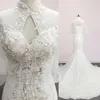 Robe de mariée sirène en cristal, col haut, dentelle perlée, robes de mariée à manches courtes, Image réelle, 2022