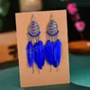 Летние этнические голубые перо Серьги для женщин богемные бого с серьги с длинными цепи свадебные украшения невесты