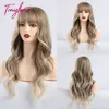 TINY LANA Synthetic Long Wavy Ombre Light Brown Blonde Ash Wigs with Bangs Party Cosplay Hair Wigs for Black Women Fake Hair