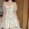 Французский цветочный Dres Sexy Puff Eleve кружевной шифоновый принт мини -дрес летний корейский стиль винтажное сказочное платье 220509