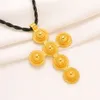 24k Solid Gold Crocifisso Croce Ciondolo Fiore Multi Strato Choker pagoda Collana di corda nera