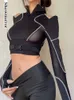 Showmirror G Techwear Biker Wear Mesh Tshirt Black Goth Woman S T Shirts Buckle Cropped Top Sexy Stripe Long Sleeve Autunt Tee 220810