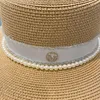 Breda randen hattar högkvalitativa sommar eleganta retro kvinnor platt topp strå hatt panama sol pärla strass andas rese strand capwide