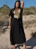 Boho élégant brodé col mandarin à manches courtes côté fendu robe d'été femmes street wear décontracté robe maxi N1154 220621