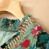 Summer Short Sleeve Mid-Calf Dress V Neck Green Floral Print Chiffon Beading Paneled Elegant Casual Dresses 22Q151632 Plus Size XXL