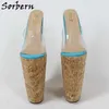 Sorbern odosobniony na zamówienie 13 cali Sandal Kobiety Extreme High Heel Slip On Przezroczyste PCV Otwarte Toe Cork Wygląda Kliny Letnie Buty