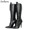 Sorbern bottes hautes pour femmes à lacets bottes de mollet à coupe large personnalisées unisexe botte à tige dure fétichiste