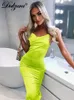 Dulzura Neon satynowa koronkowa koronka w górę Summer Women Bodycon Long Midi Sukienka bez rękawów Elegancka impreza Seksowne ubrania klubowe 220611