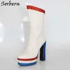 Sorbern الأبيض بريق المرأة أحذية بلوك الكعوب صنع من أجل مكتنزة عالية الكعب الجوارب تأثيري منصة الأحذية كبيرة الحجم 35-46