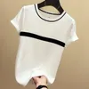 LJSXLS T-shirt lavorata a maglia da donna T-shirt estiva a maniche corte con o-collo T-shirt a righe casual a righe femminili Abbigliamento donna 220511