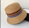 패션 짚 모자 잔디 끈 여자 버킷 모자 2022 레인보우 스트링 모자 모자 남성 해변 보닛 비니
