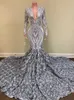 Silver African Girls Długie Prom Dresses 2022 Mermaid V Neck Pełna Rękaw 3D Kwiaty Pociąg Kobiety Formalna Party Suknia wieczorowa C0408