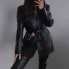 2021 Autumn And Winter New Pu Women Pure Color Suit Collar Fake Pocket Waist Tie Fashion Casual Women Leather Jacket L220725