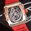 2022 Miyota Automatyczna męska zegarek Rose Gold Diamonds Bezel Big Date Cheleton Dial Red Crown Black Guma Pasek Super Edition 6 Styles Puretime01 1103e5