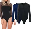 Calça de duas peças femininas outono elegante inverno slim sexy renda retchwork bodysuit de mangas compridas mulheres tops stand colar jumpsuitwomen's