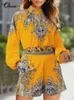 여성 반바지 세트 여름 긴 퍼프 슬리브 슈트 셀비아 패션 인쇄 하이 칼라 탑 버튼 셔츠 캐주얼 한 느슨한 2 pcs 정장 220713
