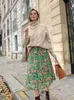 KBAT Spring Vintage Green Long Skirt High Waist Print Seaside Holiday Pleated Split Elegant Floral Women 220701