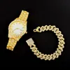 Relojes de pulsera Out Out Pulsera + Relojes para hombres Reloj completo Reloj de pulsera de cuarzo Hip Hop Gold Diamond Mens Set Reloj Gota