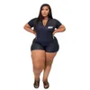 2022 Summer Plus Size L-4XL Women Jumpsuits Solid Letter Print V-neck Short Sleeve Skinny Club Romper Overall Clothing