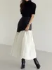 ディートホワイトロング秋の革張りパッチワークAラインラップヒップ気質ファッション女性プリーツスカート7Z206 220401