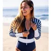 Maillot de bain femme manches longues Rash Guard femme rayé maillot de bain une pièce fermeture éclair ceinture maillot de bain col haut Mujer Pad bleu femme