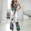 Spaghetti Strap Peacock Print Jumpsuit Summer Printed Long Overalls Playsuit Beach Wide Leg Pants Romper T200107