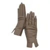 Fünf-Finger-Handschuhe Winter Damen Handgelenk Mode Schaffell Khaki Wärme Echtes Leder Fahrpunkte Kältebeständig Dunkelbeige Leder