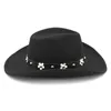 Boinas Mistdawn Wool Blend Western Cowboy Cap Hat Wide Brim Sombrero Godfather Jazz Leather Band com Flowerberets Beretsberets